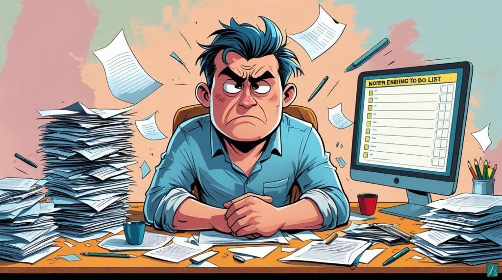 Overworked entrepreneur surrounded by paperwork and financial documents