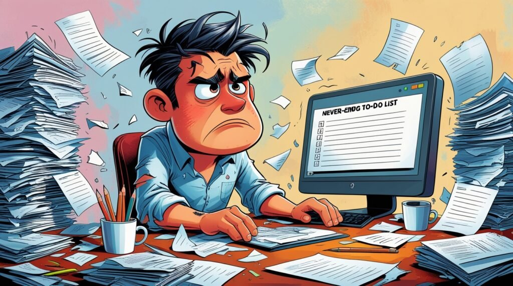 Overworked entrepreneur surrounded by paperwork and financial documents